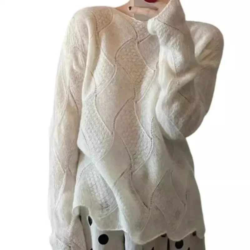 Suéter de punto blanco calado elegante para mujer, Top suave para principios de otoño, prendas de punto de caballo perezoso