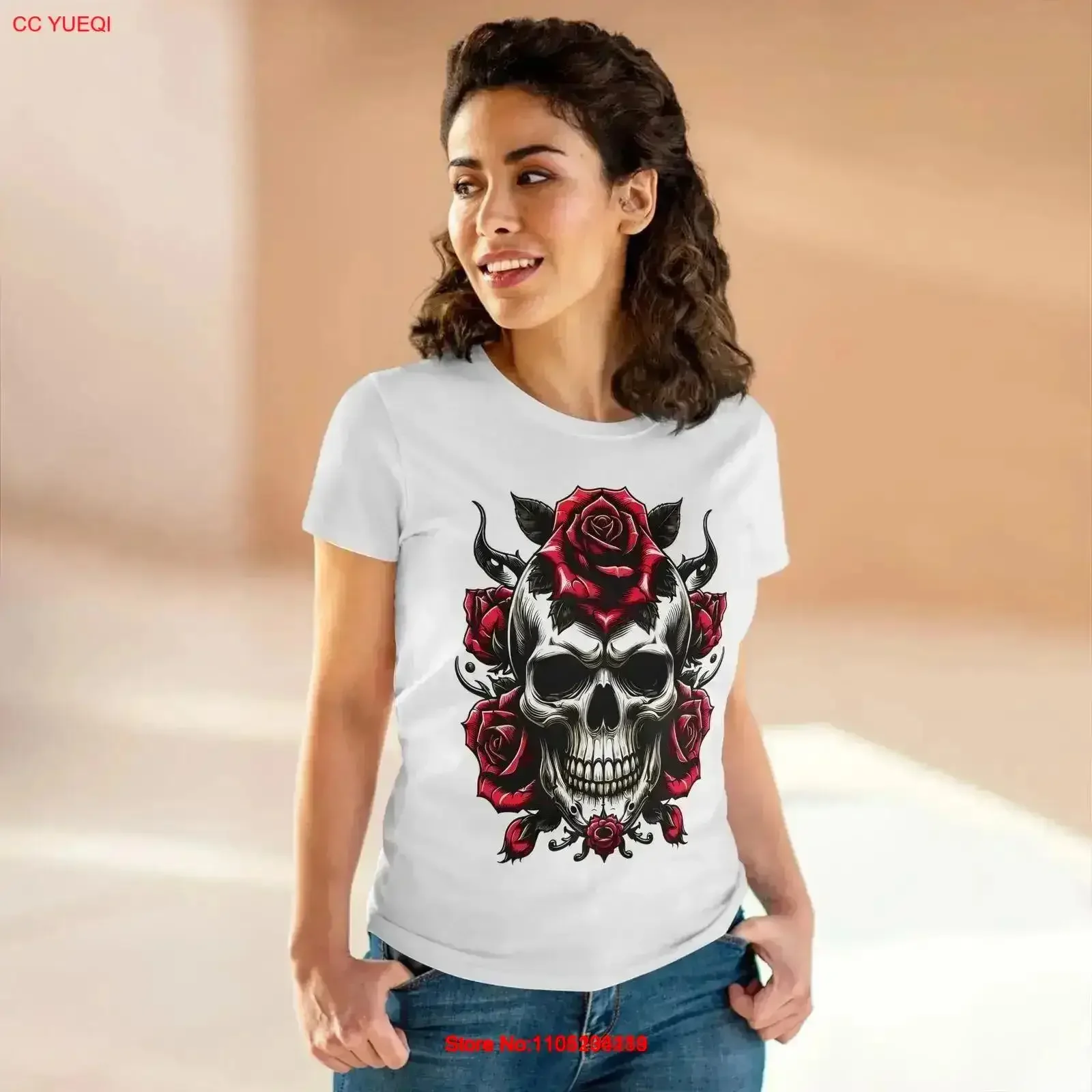 Demon Skull Floral Women's Midweight Cotton T Shirt vintage Washed Versatile Breathable Stylish Casual fashion graphic vintage