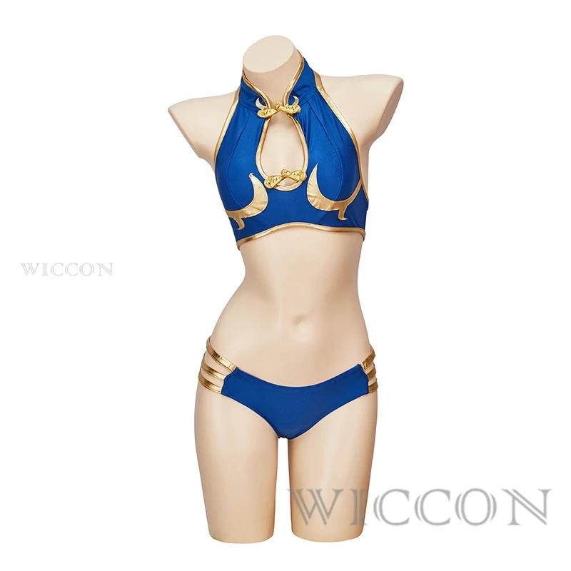 Chun Li Costumi Cosplay Blu Costume bikini sexy Gioco Uniforme Costume da bagno Copricapo Donna Halloween Party Outfit