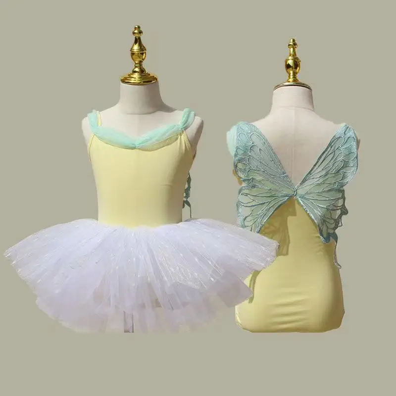 New Girls Ballet Leotards Kids Child Sleeveless Fairy Butterfly Wing Hollow Stitching Gymnastics Leotard Professional Stage Wear