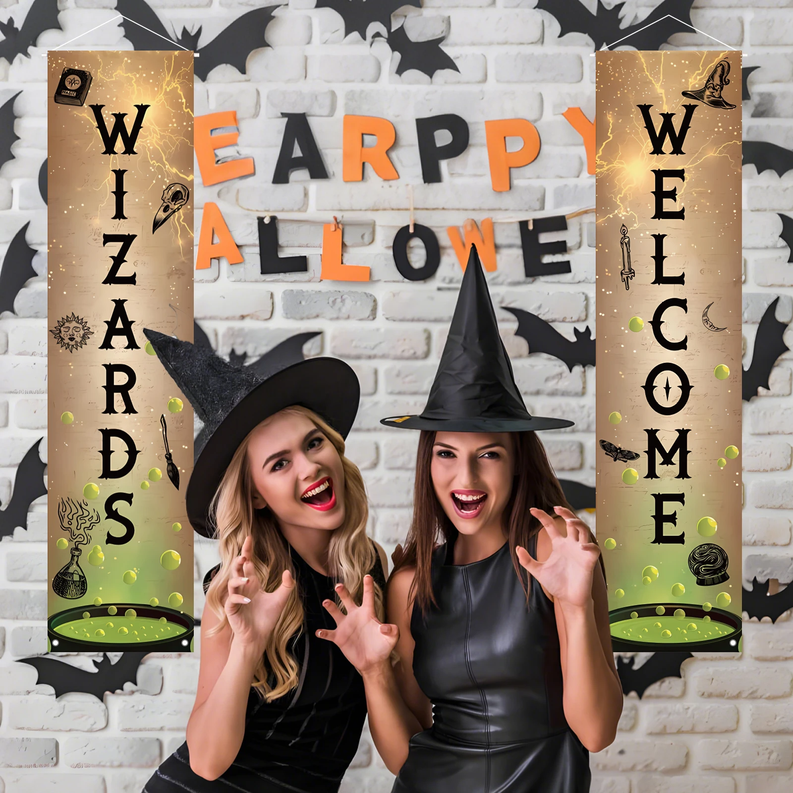 لافتة باب معالجات الترحيب مكونة من قطعتين لافتة شرفة معالج لافتات حفلات سحرية من البوليستر مع مسامير وسلسلة لسهولة التعليق #6