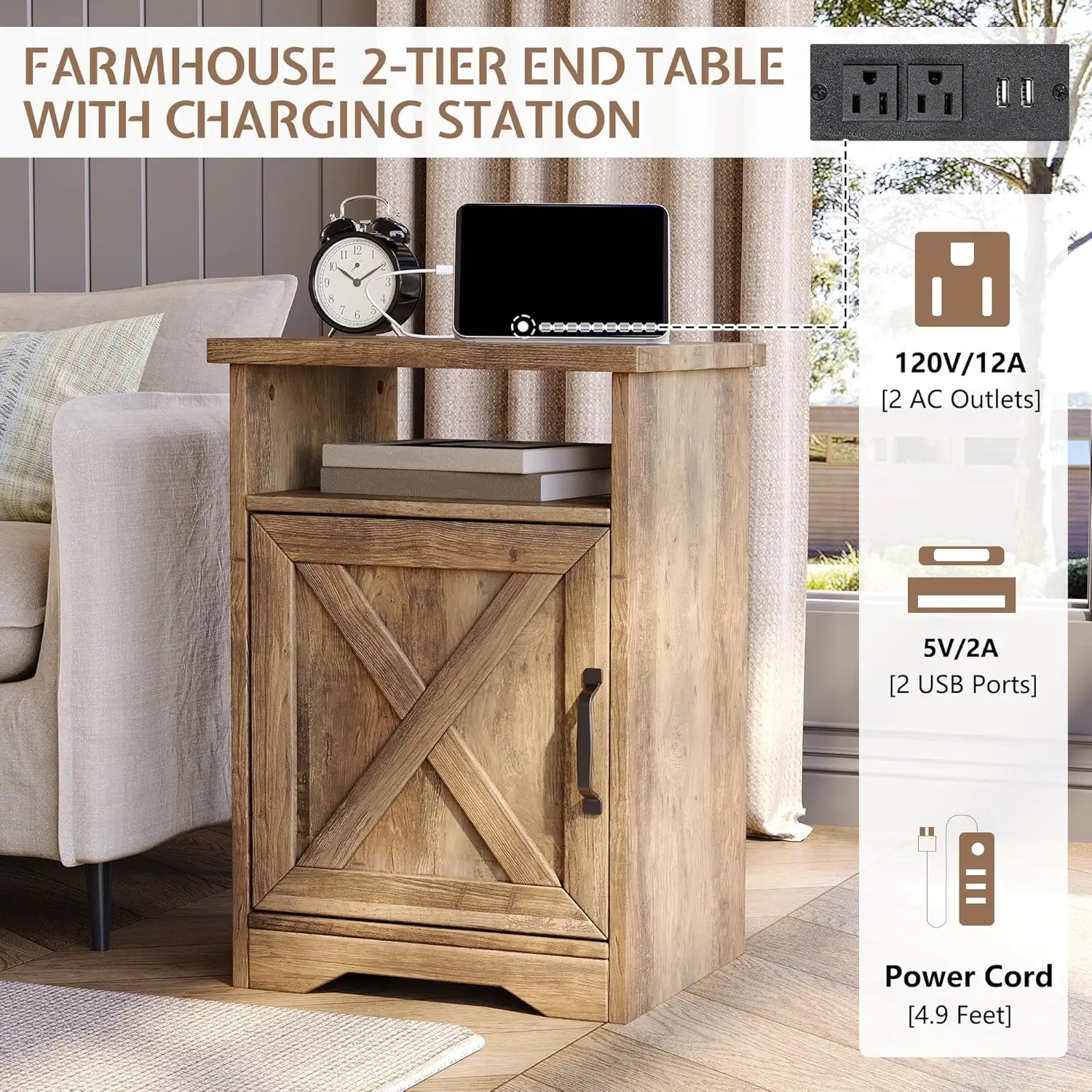 커피 테이블 3피스 팜하우스 거실 테이블 세트, 커피 테이블 1개, 충전 스테이션 및 USB 포트가 있는 엔드 테이블 2개 포함