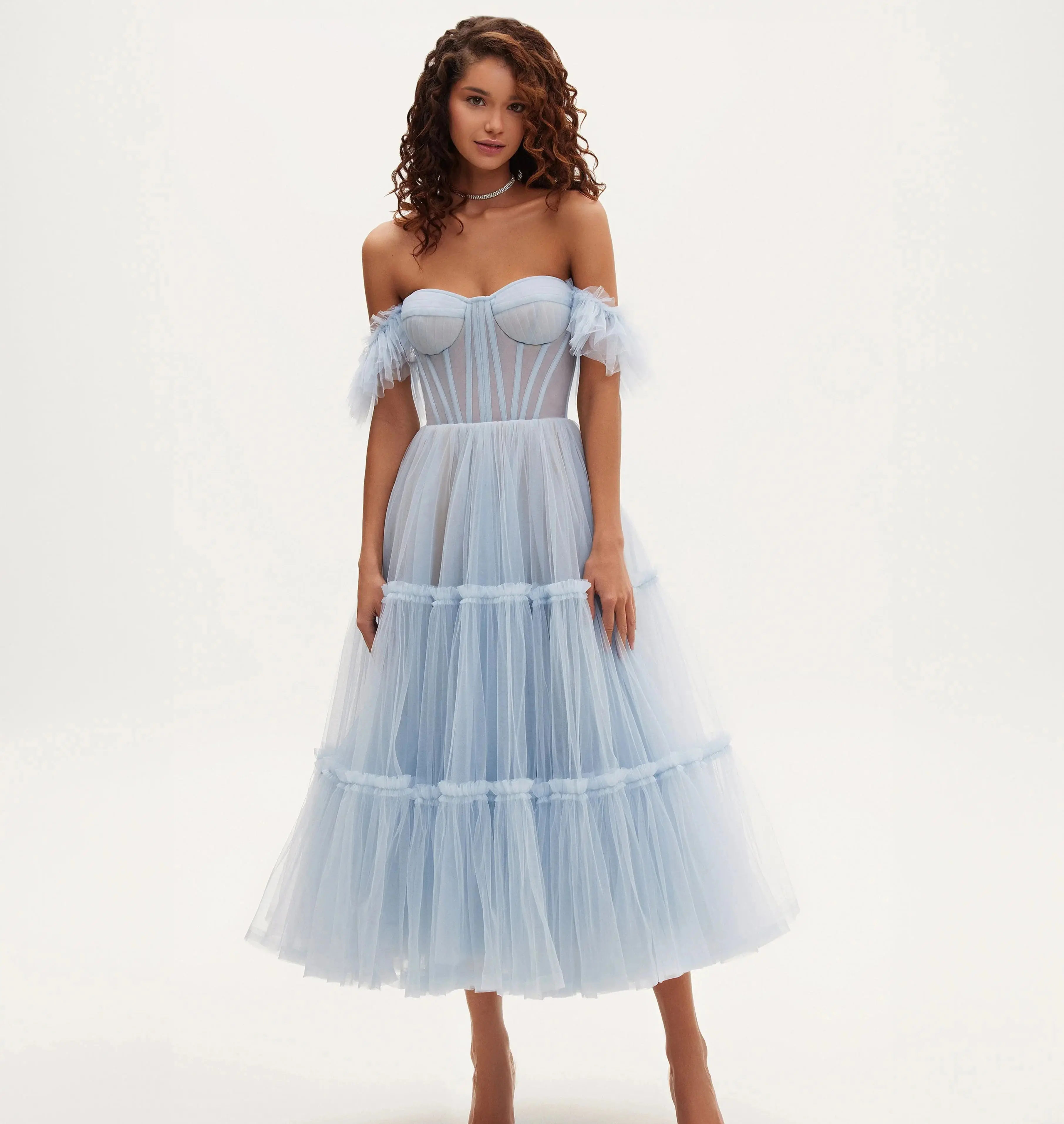 

Charming Blue A Line Evening Dresses Vintage Off Shoulder Tulle Women Prom Dresses Tea Length Homecoming Wedding Guest Gowns