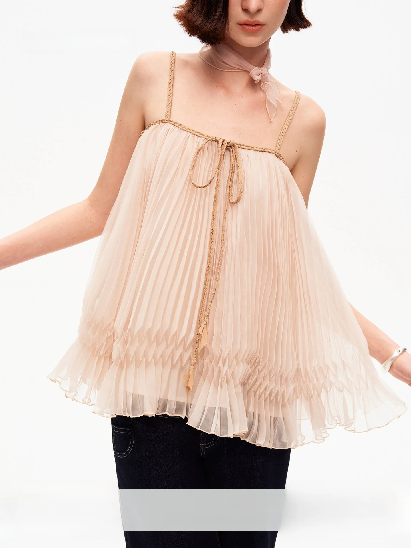 

Loose A-Line Pleated Strap Women's Woven Tie Lightweight Breathable Chiffon Tube Top Summer Fashion Outerwear Polyester Fiber