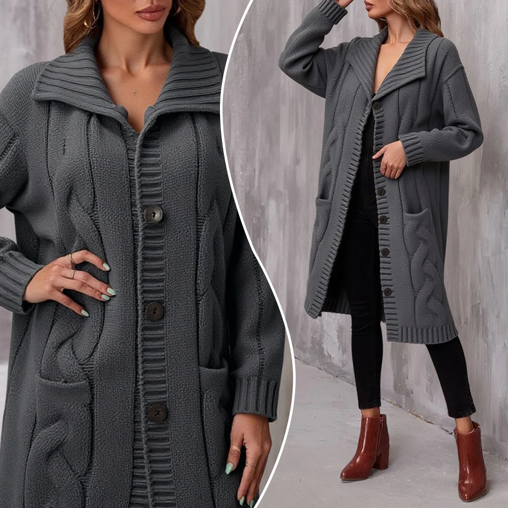 Cardigan long en tricot torsadé pour femme : col châle boutonné – Tenue quotidienne décontractée automne/hiver, vêtements d'extérieur chauds surdimensionnés et confortables en tricot