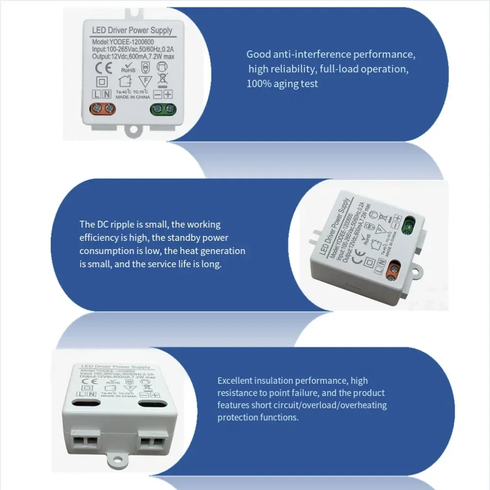 

1 шт. светодиодный драйвер, источник питания постоянного тока 12 В 7,2 Вт, защита от перегрузки, перенапряжения, коротких цепей, перегрева светодиодных лент