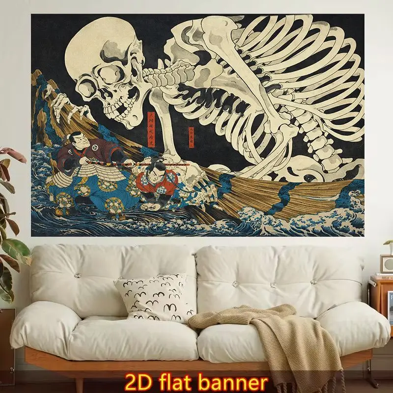 VIKAMA Japanese Ukiyo-e Giant Skeleton Samurai Tapestry Vintage Wave Monster Wall Hanging Asian Art Poster Living Room Decor