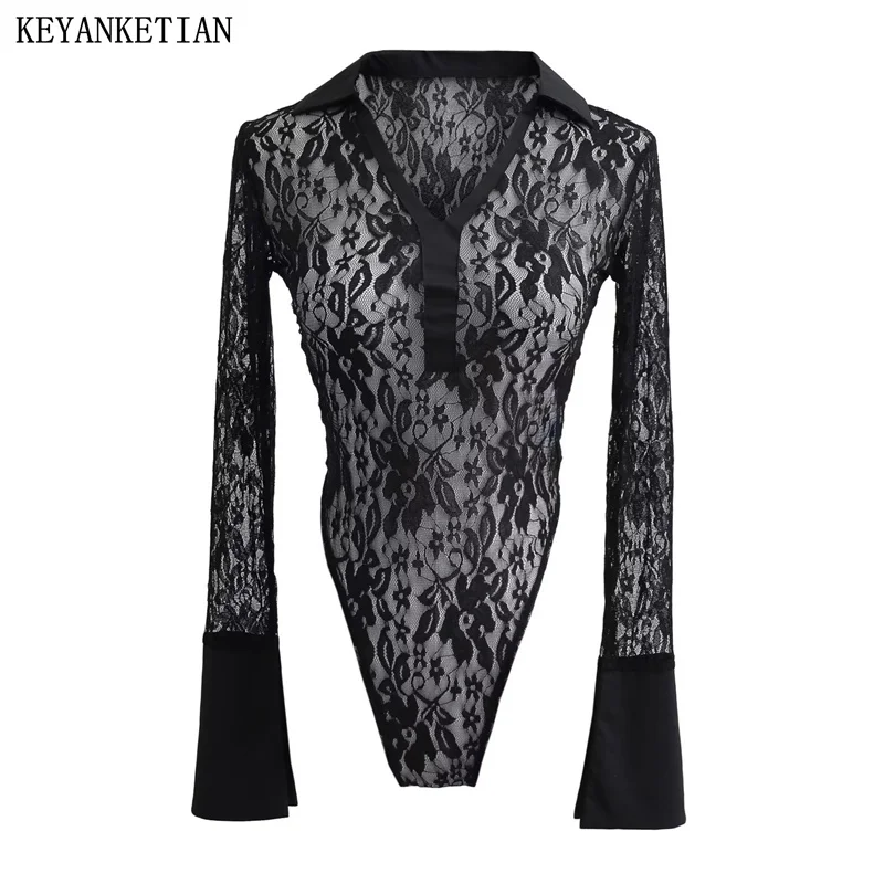 KEYANKETIAN Winter New Women's Jacquard Perspective Lace Rompers Hot sweet Sexy Black Long Sleeve Bodysuits Crop Top Blouse