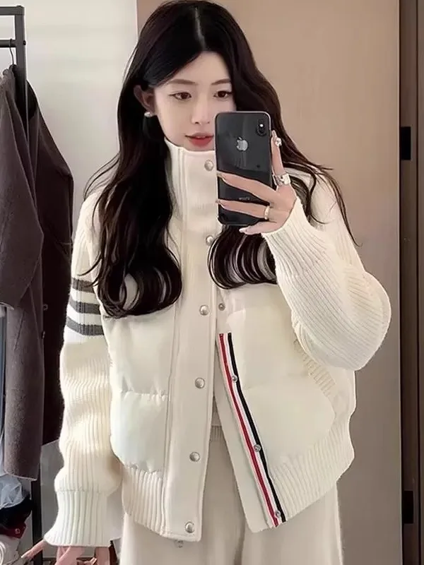 Faionable ort gebreide opstaande kraag tee bars dames dons Jaet 2025, herfst winter nieuwe Sle witte Du veren jas