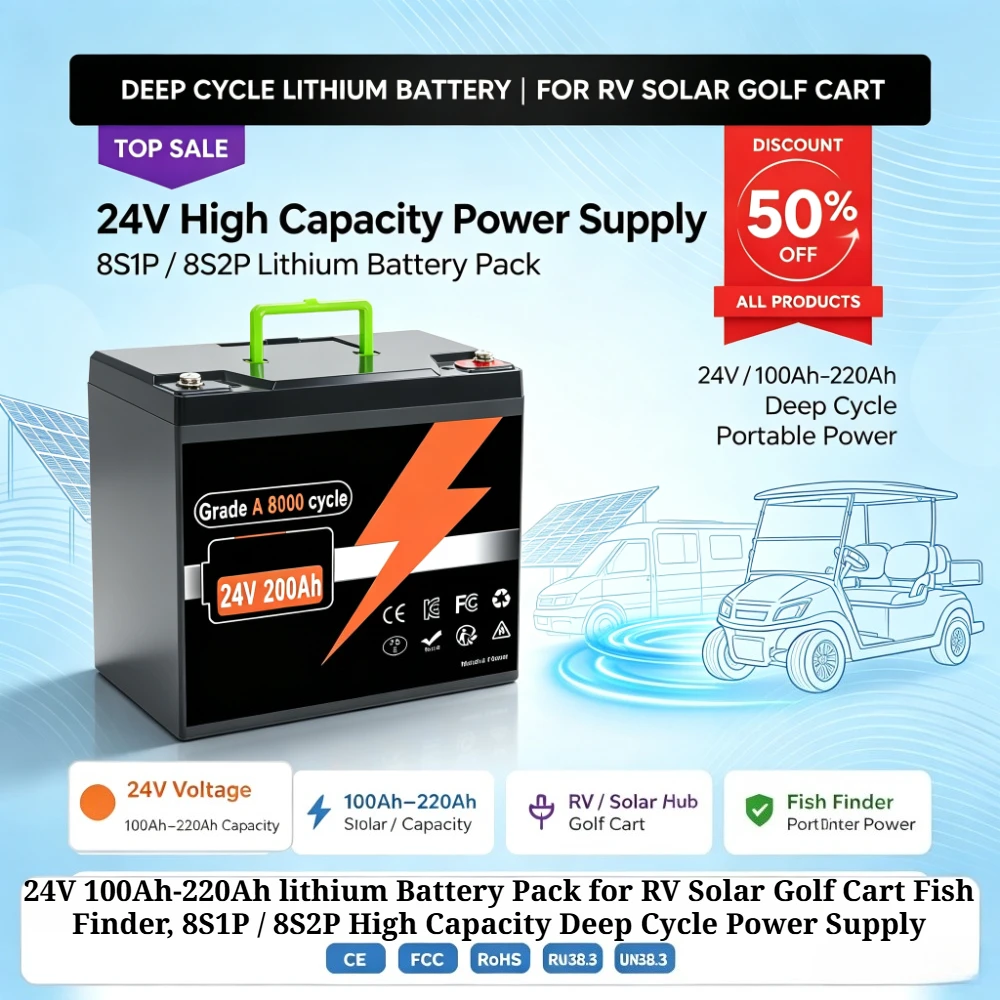 24V 100Ah-220Ah lithium Battery Pack for RV Solar Golf Cart Fish Finder, 8S1P / 8S2P High Capacity Deep Cycle Power Supply