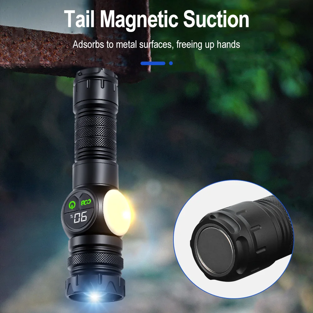 BORUiT Super Bright LED Flashlight 800LM Zoom Torch Type-C Rechargeable Long Range Spotlight Digital Display & Tail Magnetic