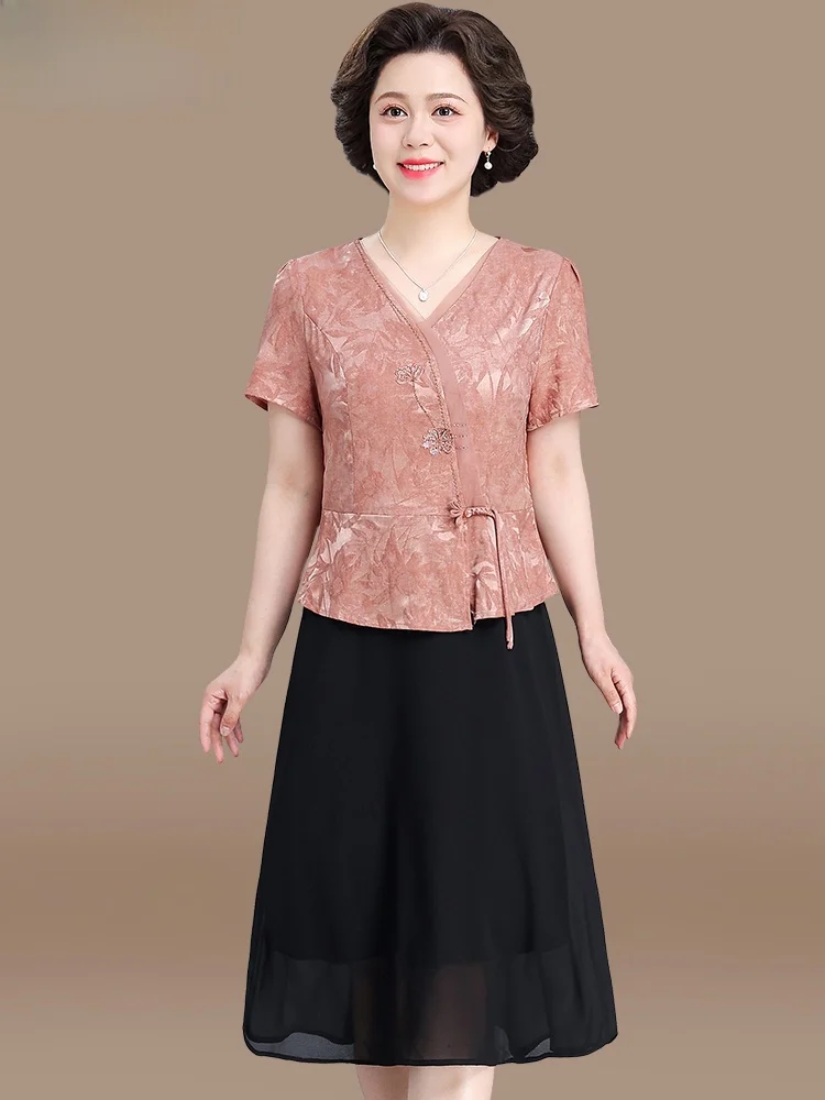 

Новое китайское шифоновое платье с коротким рукавом для мам, летняя модная одежда для женщин среднего возраста, юбка миди, имитация двух предметов