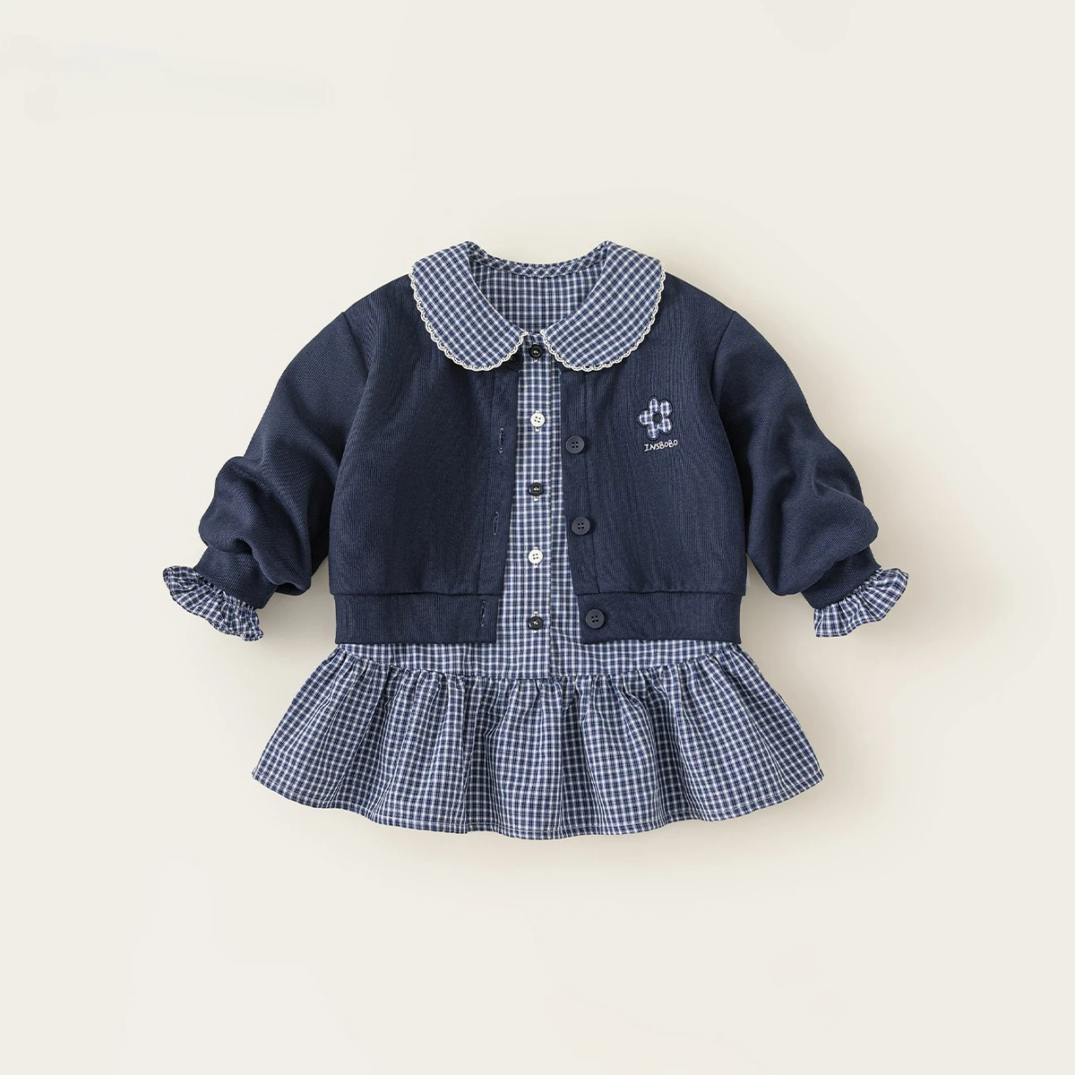Suit College Style Girls Casual Jacket Doll Collar Dress Two Pieces Set with Plaid Autumn Outfit Korean Style