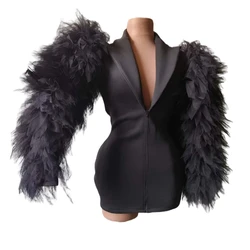 Black Puffy Women Blazer Design Long Sleeve Zipper Night Bar Nightclub Party Birthday Queen Costume Stretch Drag Outfit