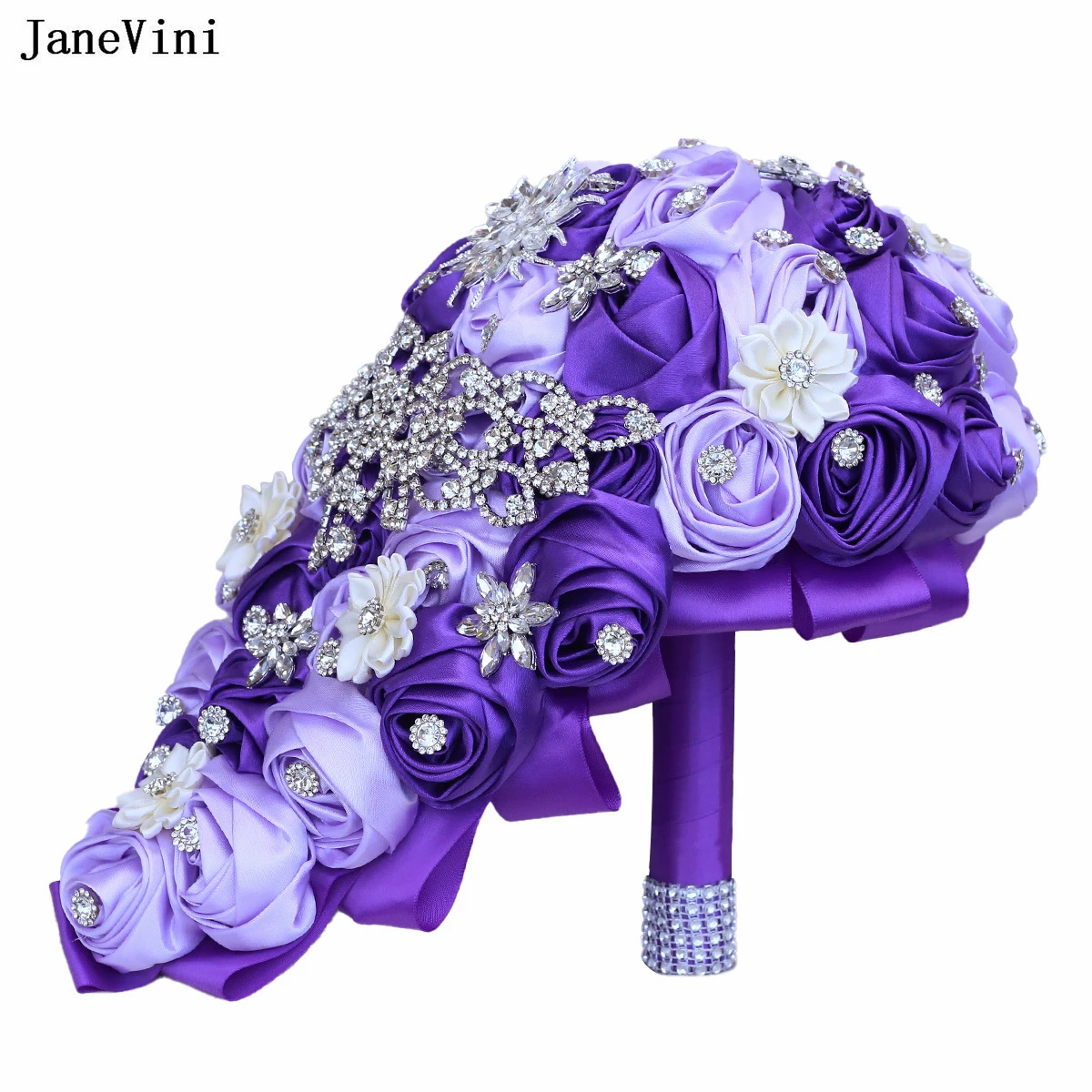 

JaneVini 2025 Luxury Purple Waterfall Bridal Bouquets with Rhinestones Ribbon Roses Cascading Wedding Bouquet Flowers for Bride