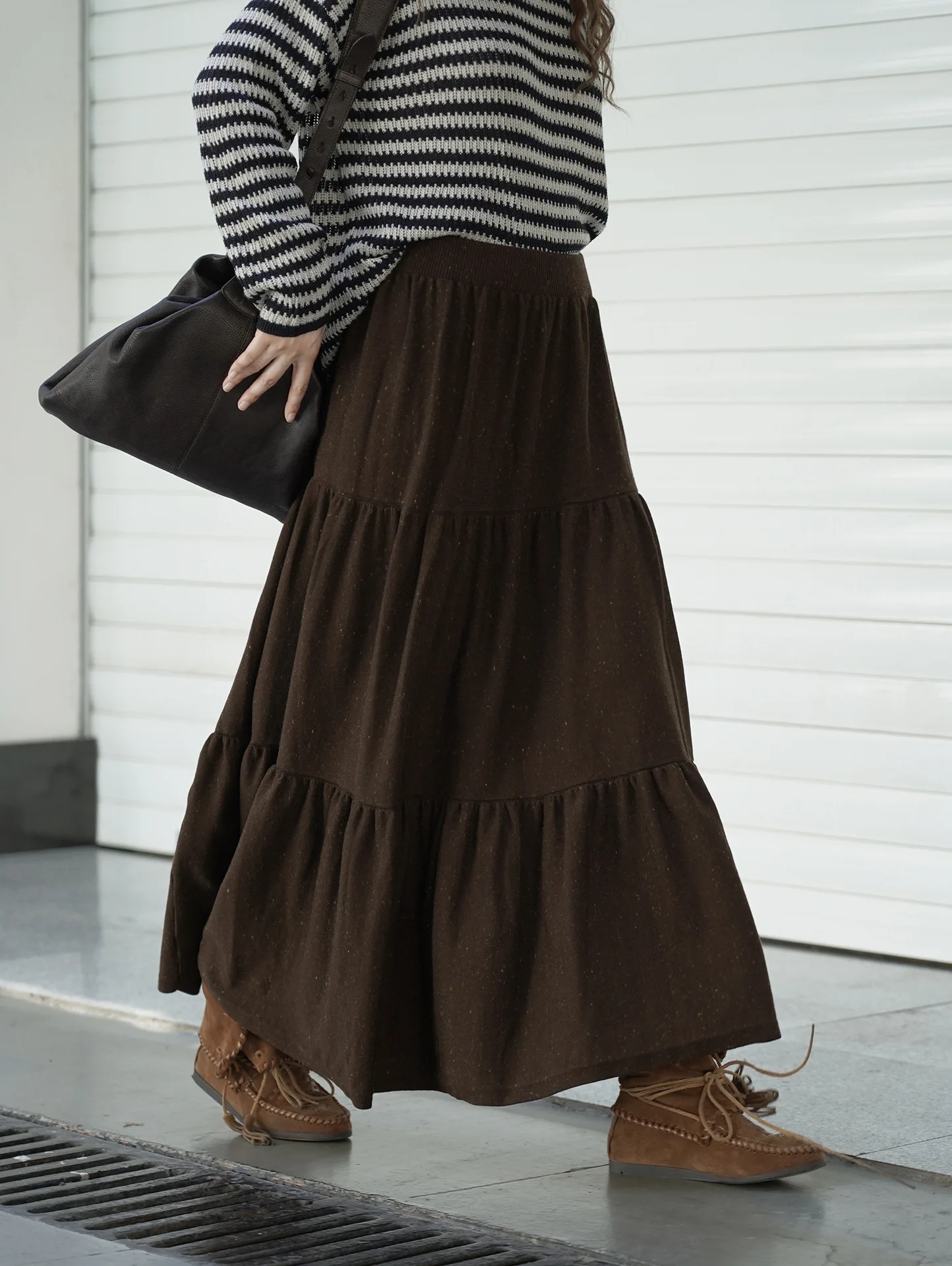 

Retro granular elastic waist half skirt A-line temperament long skirt for women