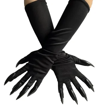 Gants de maquillage d'halloween, sorcière, ongles noirs, fantôme, chat, patte de démon, Cosplay, Satin élastique noir, Performance sur scène, mitaines longues pour femmes