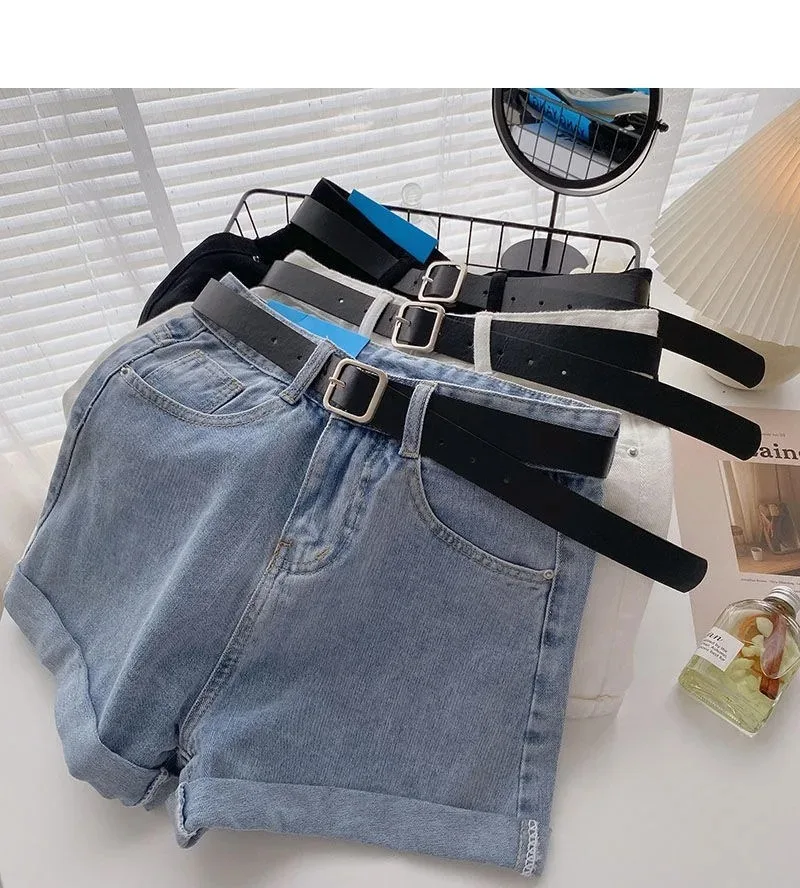 Shorts de mezclilla coreanos de verano de pierna ancha y cintura alta con cinturón para mujer, pantalones cortos de moda con bolsillos, estilo casual de calle, vaqueros.