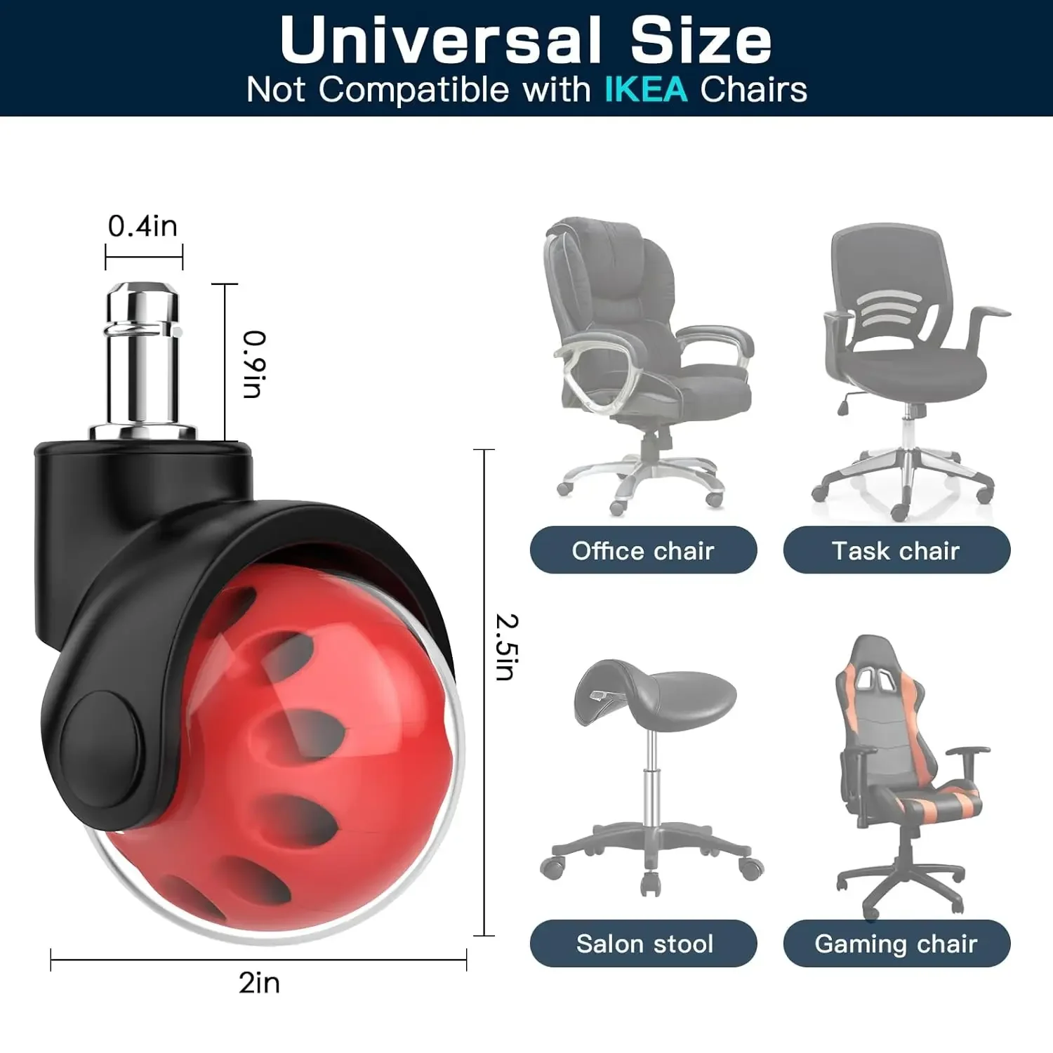 Zestaw 5 cichych i gładkich ślizgów do fotela biurowego 2 Cal wytrzymałe kółka do krzeseł krzesło biurowe koła uniwersalne dopasowanie