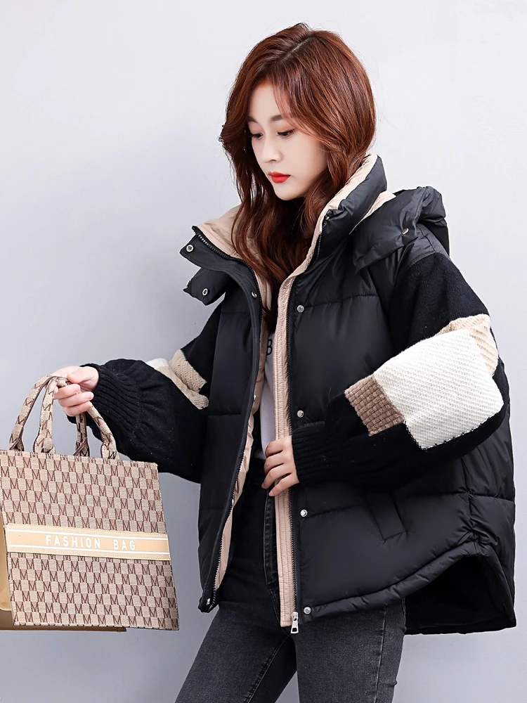 Fashion Patchwork Winter Women Coat Hooded 2023 New Casual Thick Parkas Loose Warm Down Cotton Padded Jackets