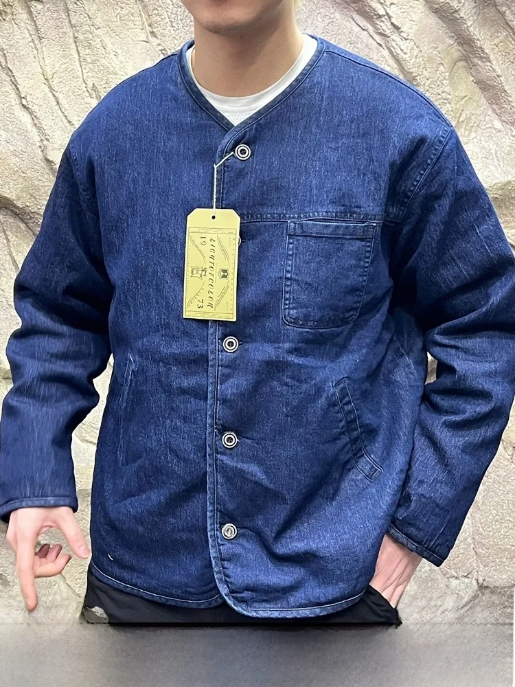 

Thickened Cotton Jacket Men's Line Washed Denim Warmth Collarless Coat Casual Long Sleeve Pure Color Winter Outerwear