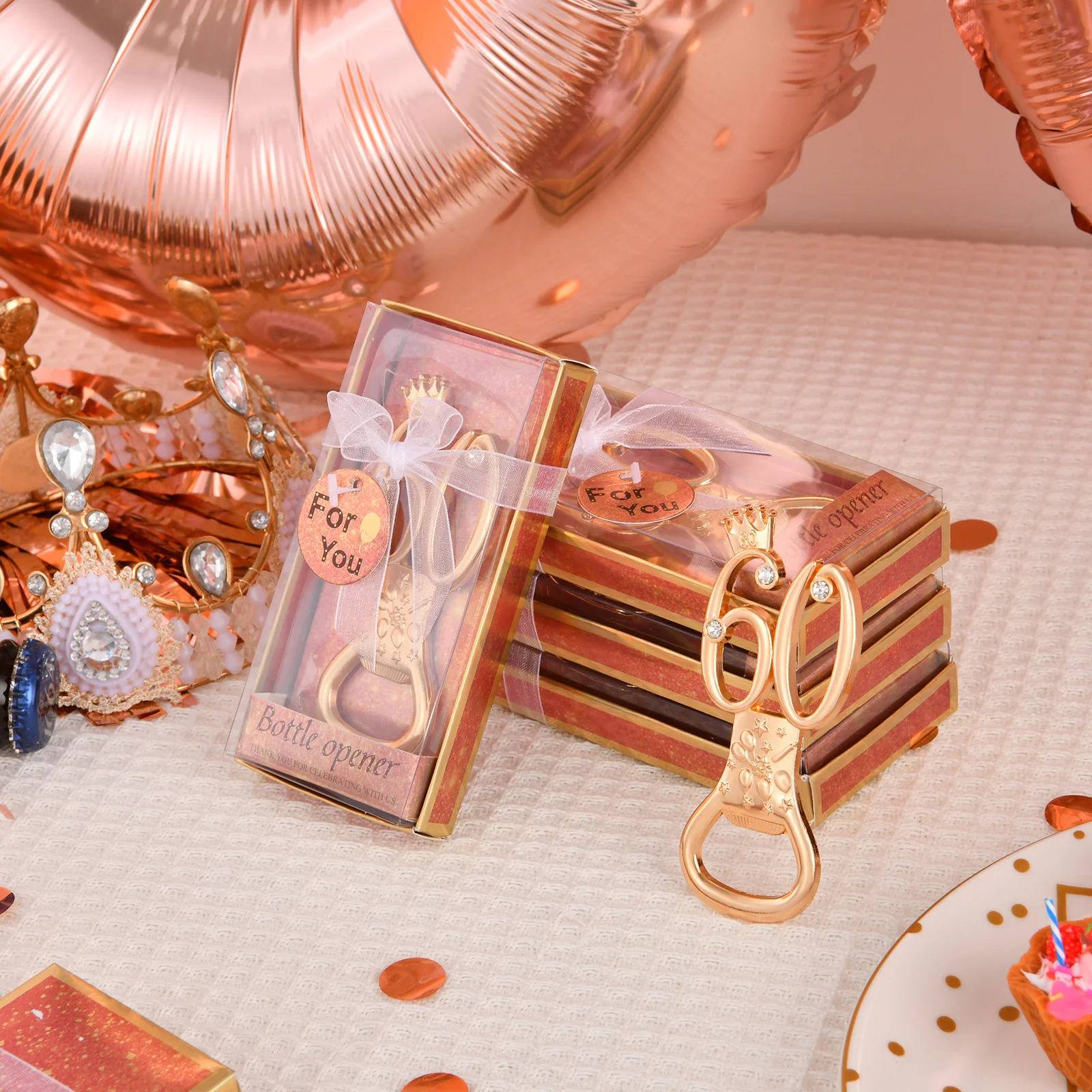 

200 шт., 60-летняя открывалка для бутылок, подарок на вечеринку, розовое золото, тематический номер 60, открывалка для бутылок