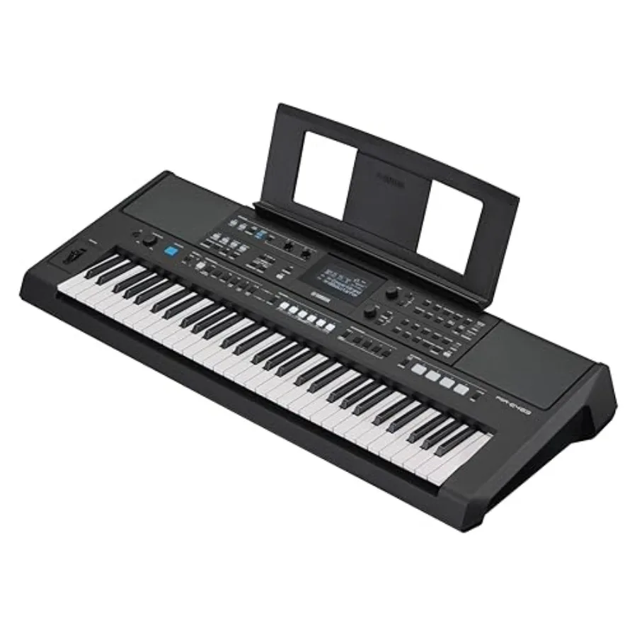 

Portable keyboard for home practice, ABS plastic, black, touch-sensitive keys with 61 keys, built-in speakers, music rest, and