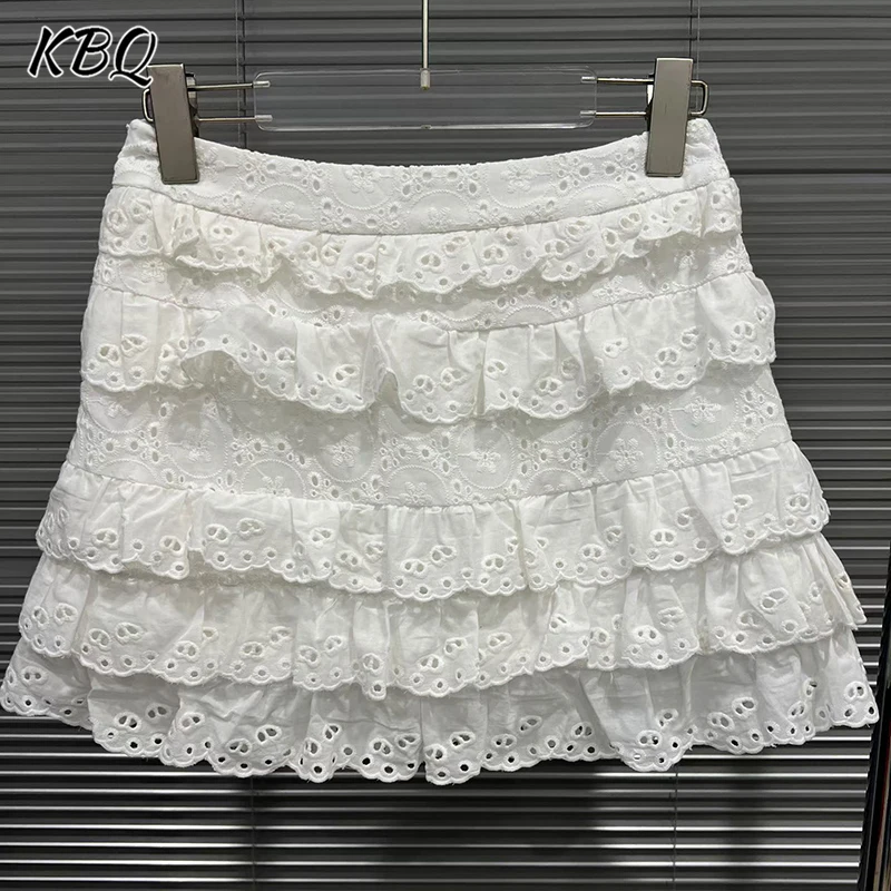 

KBQ Minimalist Solid Hollow Out A Line Skirts for Women High Waist Temperament Spliced Ruffles Skirts Female Autumn Fashion New
