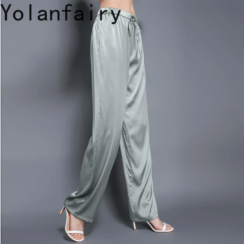 YOLANFAIRY Casual Wide Leg Pants Summer 95% Real Mulberry Silk Women's Pants Korean Loose Trousers Woman Silk Pants Full Length