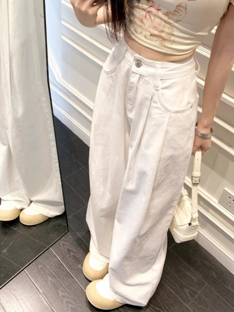 

High Waist Fleece Lined Straight Leg White Jeans Women's Loose Fit Long Trousers Spring Initial New Style Elegant Casual Jeans