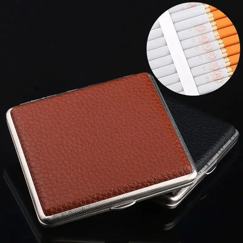 Double-open Leather Cigars Cigarettes Cases Stainless Steel Tobacco Cigarette Boxes Tools for 20 Sticks Cigarette