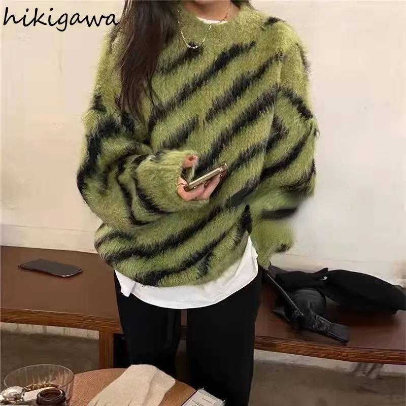 Retro Zebra Pattern Oversized Pullovers Women\'s Clothing Long Sleeve O-neck Jumper Casual Fashion Knitted Sweater Sueter Mujer