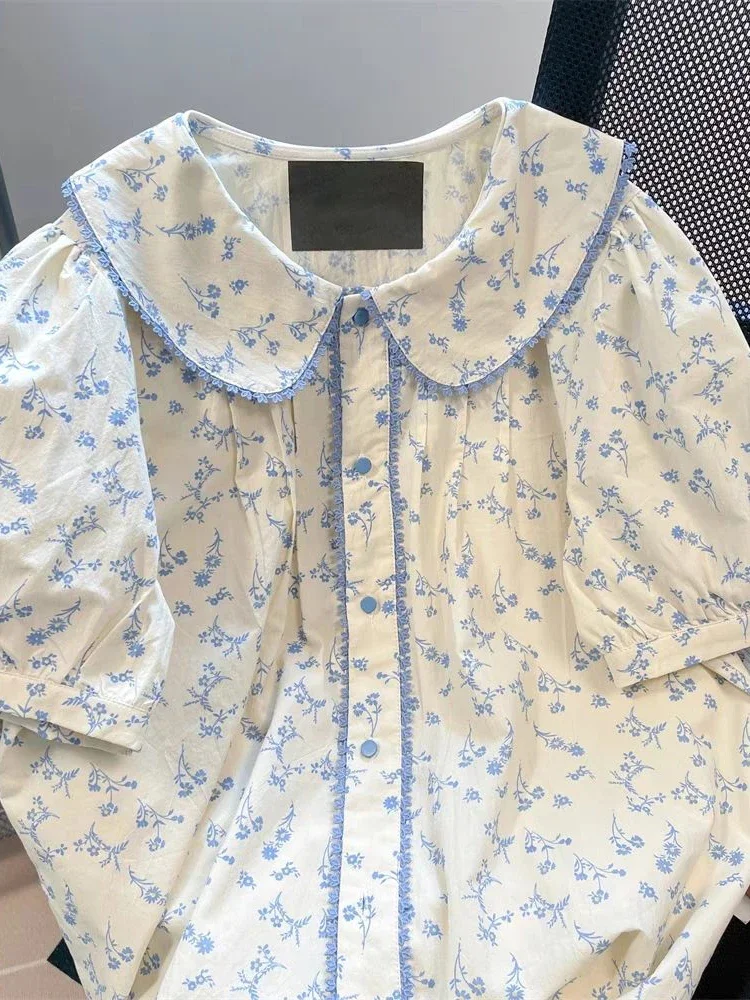 Bloemen Vintage Vrouwen Shirt Casual Losse Korte Mouw Elegante Franse Blouse Zoete Retro Leuke Peter Pan Kraag Tops Zomer