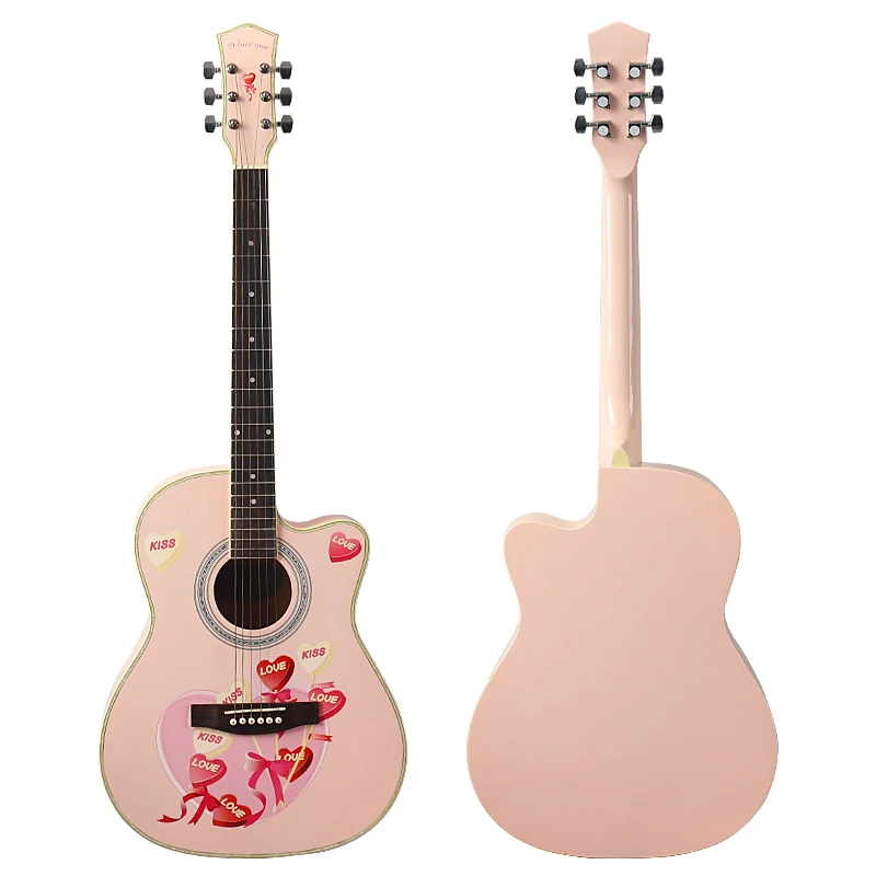 Stocked Acoustic Guitar 6 String Full Basswood Body 40 Inch Cutaway Design High Glossy Pink Color Folk Guitar Kids' Gifts