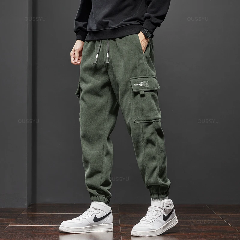 OUSSYU Winter Men's Fleece Warm Cargo Corduroy Pants Jogging Sweatpants Work Y2k Korean Pants Loose Harem Casual Trouser for Men