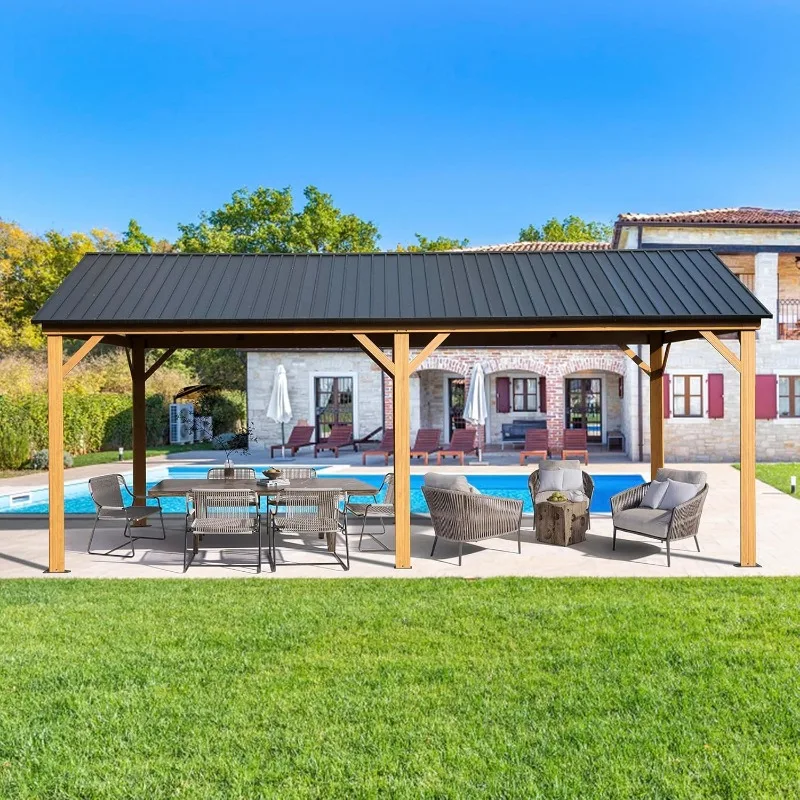 Gazébo à toit rigide en acier galvanisé, pergola avec cadre en aluminium et bois Mars, 12x20 pieds