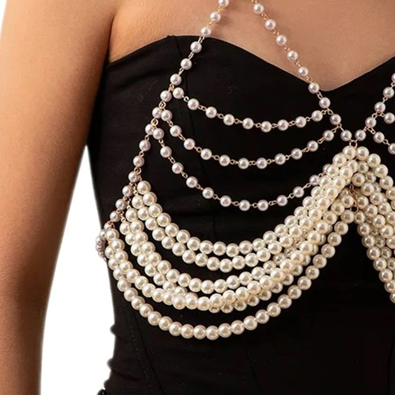 Pearl Body Chain Bra Fashion Shoulder Necklaces Pearl Body Jewelry Adjustabl