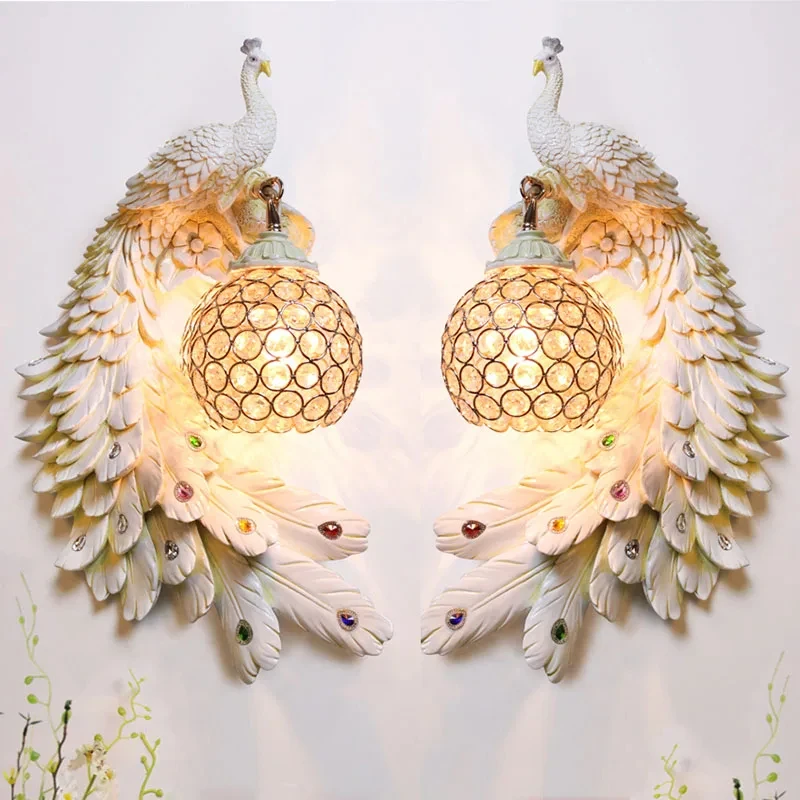 Chinese Retro Dual Color Peacock Wall Lamp Creative Gold White Wall Lamps LED Crystal Metal Wall Light Corridor Wall Decoration