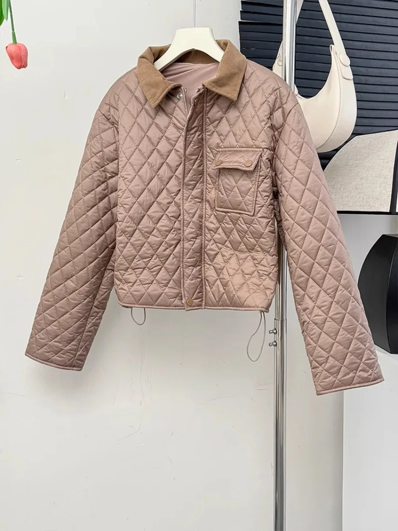 Single-breasted Drawstring Puffer Jacket Turn Down Collar Argyle High Street Coats Autumn Winter New Loose Grunge Vintage Parkas