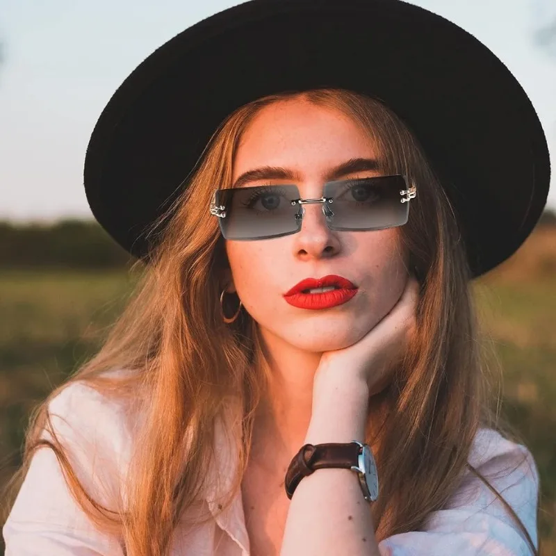 4Pcs Wide‑Width Unisex Rimless Glasses, Gradient Lenses, Retro Square Frames with Gold Temples, Simple Durable for Daily Wear