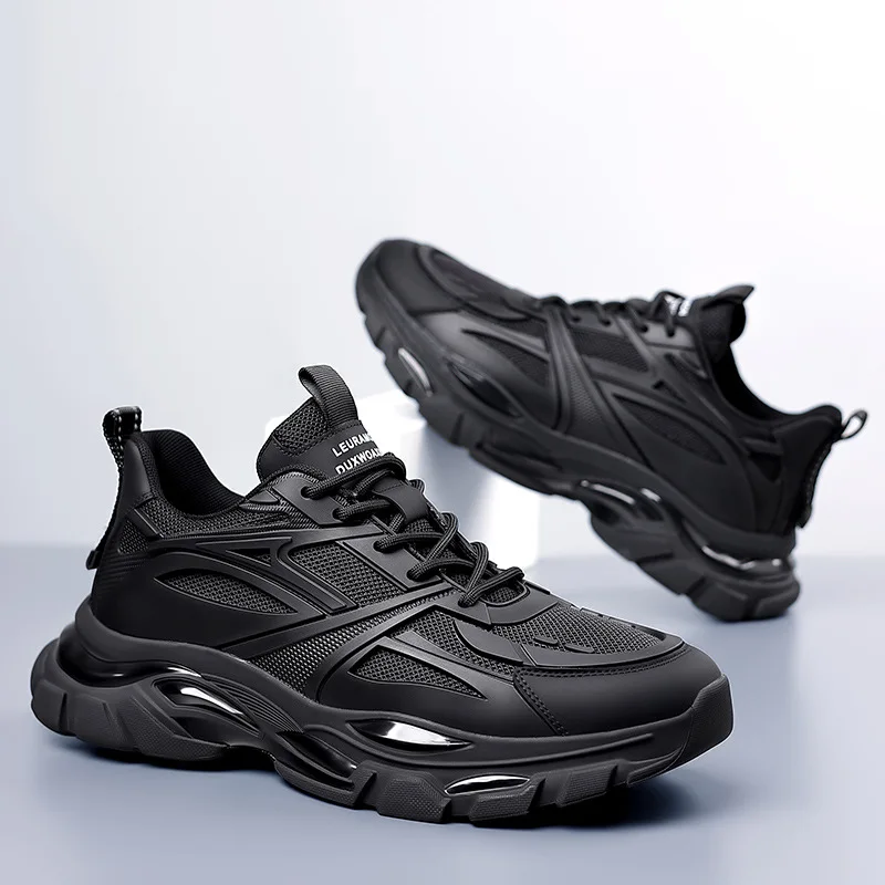 Men Shoes All-match Solid Color Sports Shoes Fashion Casual Lace-up Running Shoes Genuine Leather Mesh Patchwork Running Shoes