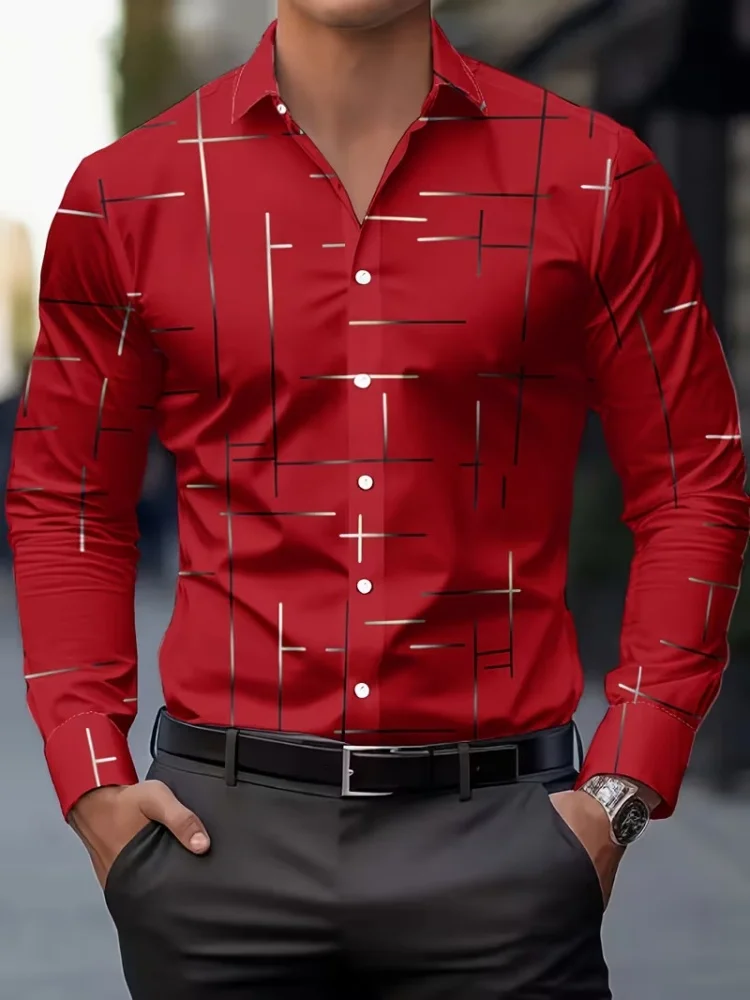 Irregular black cross-print men's lapel long-sleeved shirt, suitable for commuting, parties, business casual, and loose fit.