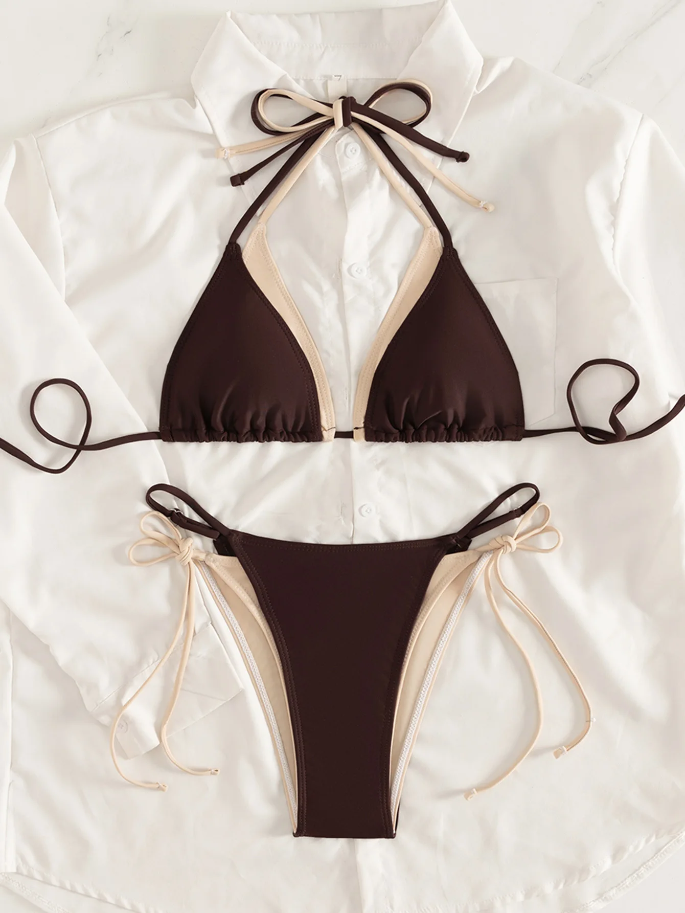2 Piece Contrast Color Bikinis Set Women Inner Lining Double Edge Trim Adjustable Halter String Triangle High Cut Swimwear