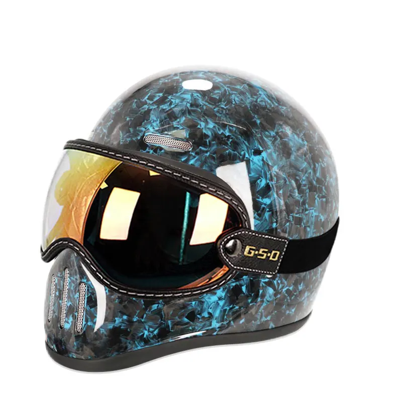 New Retro Carbon Fibre Full Face Helmet，Personality Lightweight Shell Locomotive Motorcycle Helmet With Wind Mirror Combination