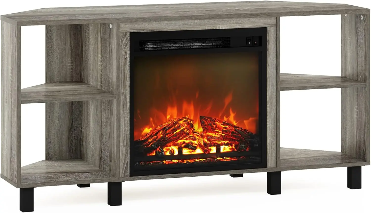 Corner Fireplace TV Stand with 4 Open Compartments for TV up to 55 Inches, French Oak Grey