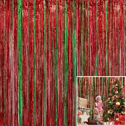 2 Pack Christmas Decoration Backdrop Red Green Foil Fringe Curtains Tinsel Fringe Xmas Holiday Party Photo Backdrop Streamers