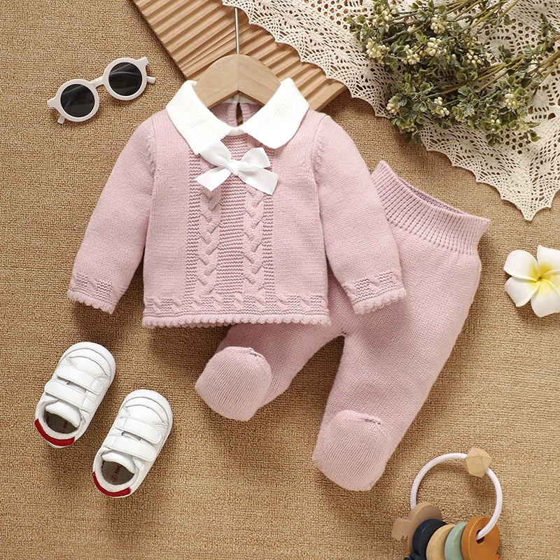 

Зимние комплекты одежды для маленьких девочек 0-9 м, свитер с высоким воротником и длинными рукавами, рубашки + брюки, одежда для новорожденных, костюмы из 2 предметов для малышей