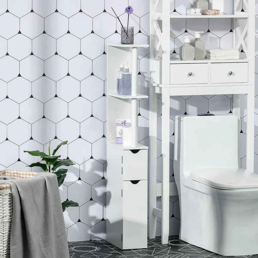 

Tall Bathroom Storage Cabinet, reestanding Linen Tower with 2 Open Shelves and 2 Door Cabi, White