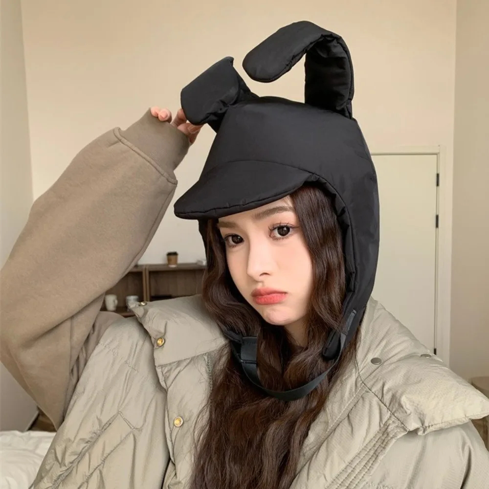 Fashion Windproof Rabbit Ear Padded Hat Solid Color Adjustable Pilot Hat Thickened Short Brim Ear Protection Hat Ladies