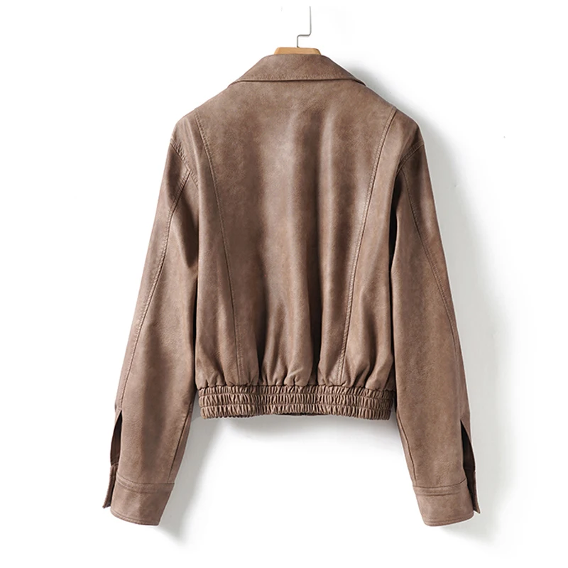 Casual Donna Giacche di pelle di pecora 2025 Autunno Moda Cerniera allentata Donna Elastico in vita Split Pelle di pecora Moto e giacca da motociclista Cappotti